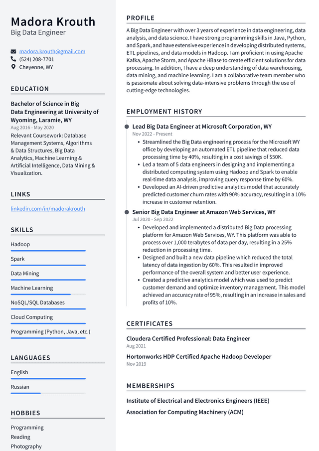 Microsoft Big Data Engineer Resume Example