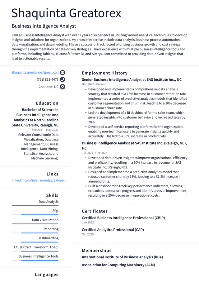 Microsoft Business Intelligence Analyst Resume Example