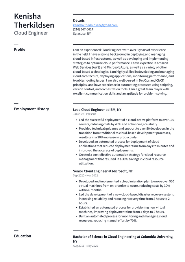 Microsoft Cloud Engineer Resume Example