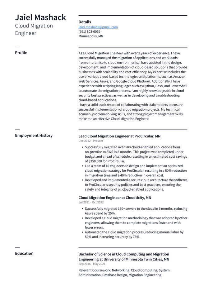 Microsoft Cloud Migration Engineer Resume Example