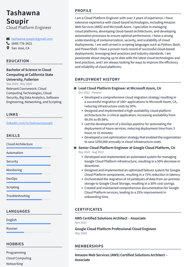 Microsoft Cloud Platform Engineer Resume Example