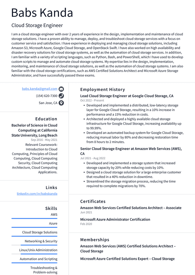 Microsoft Cloud Storage Engineer Resume Example