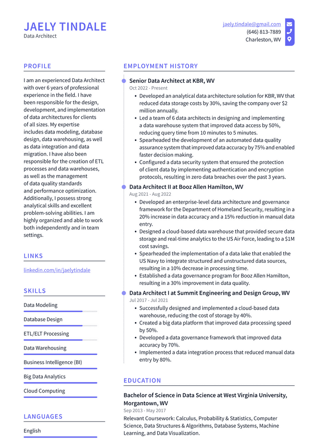 Microsoft Data Architect Resume Example