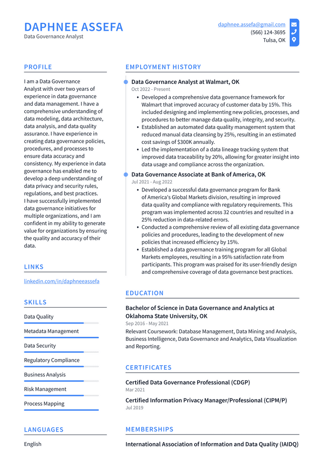 Microsoft Data Governance Analyst Resume Example