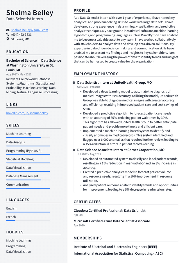 Microsoft Data Scientist Intern Resume Example