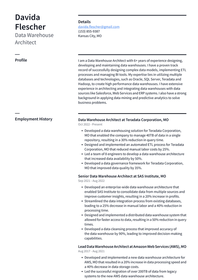 Microsoft Data Warehouse Architect Resume Example