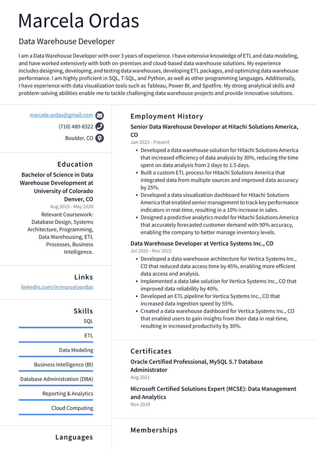 Microsoft Data Warehouse Developer Resume Example