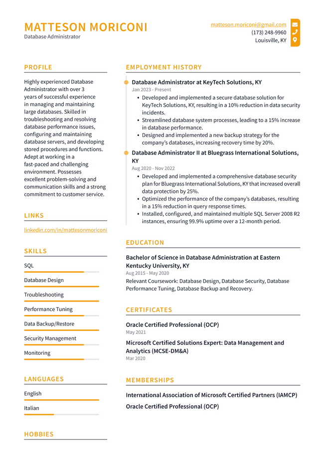 Microsoft Database Administrator Resume Example