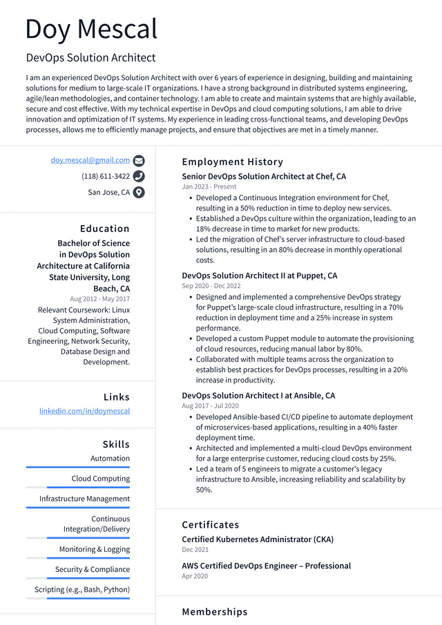 Microsoft DevOps Solution Architect Resume Example