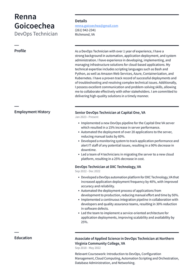 Microsoft DevOps Technician Resume Example