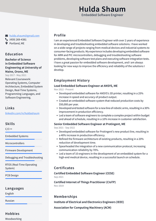 sample resume embedded software engineer