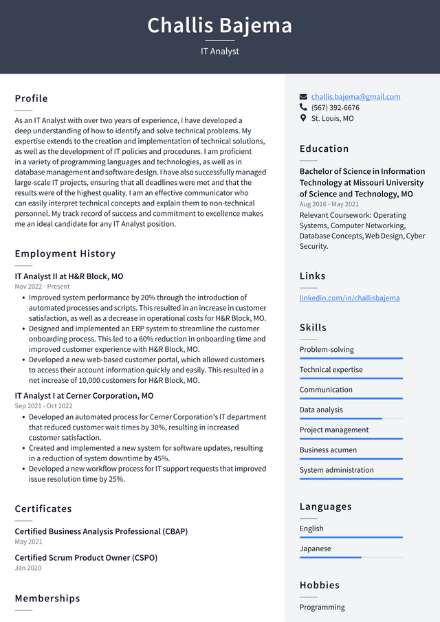 Microsoft IT Analyst Resume Example