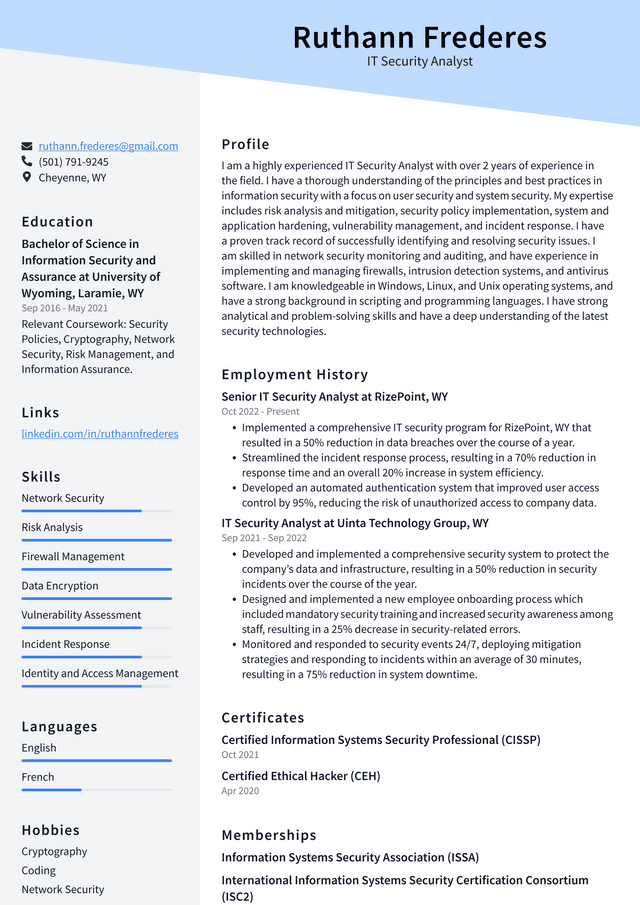 Microsoft IT Security Analyst Resume Example