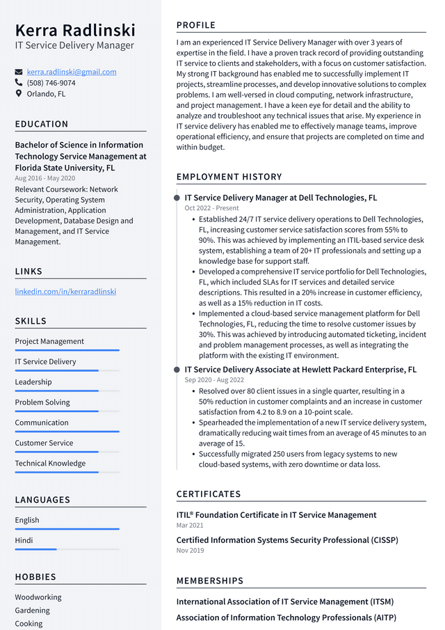 Microsoft IT Service Delivery Manager Resume Example