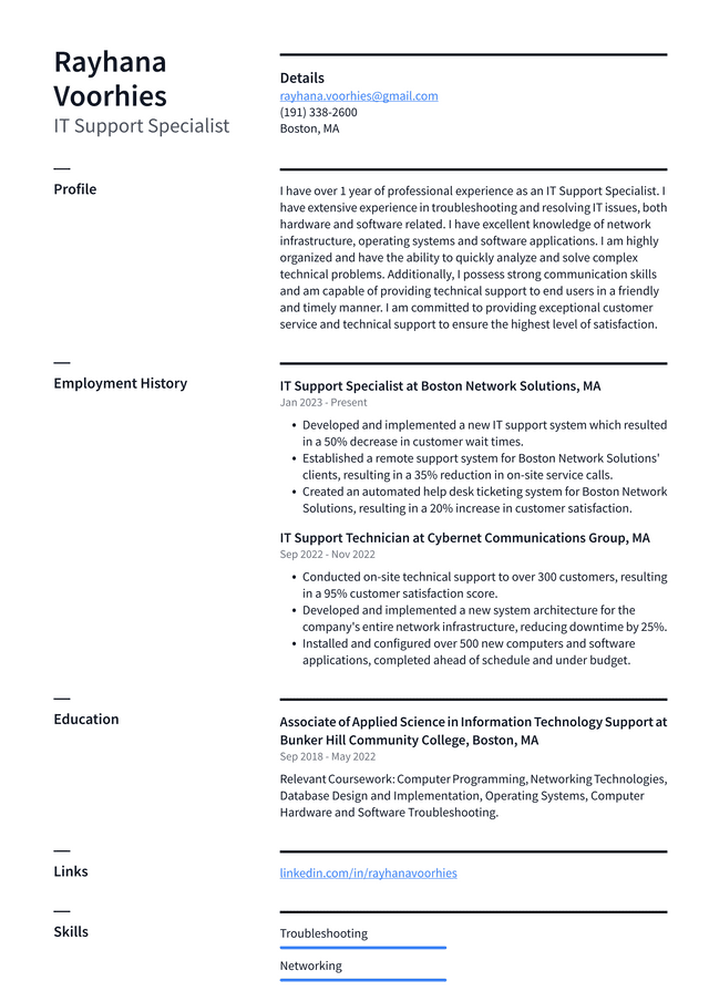 Microsoft IT Support Specialist Resume Example