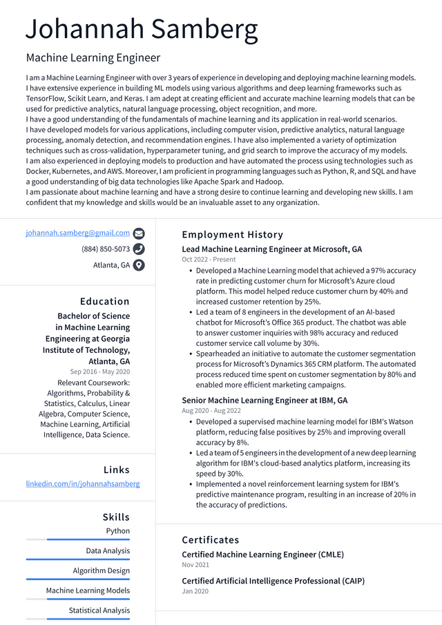 Microsoft Machine Learning Engineer Resume Example