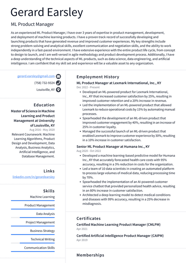 Microsoft ML Product Manager Resume Example