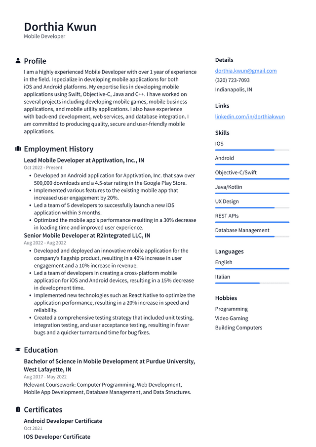 Microsoft Mobile Developer Resume Example