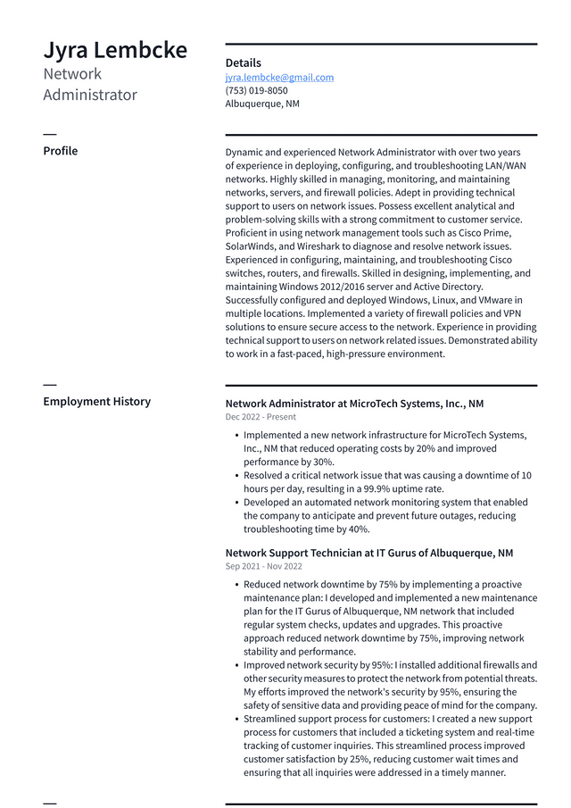 Microsoft Network Administrator Resume Example