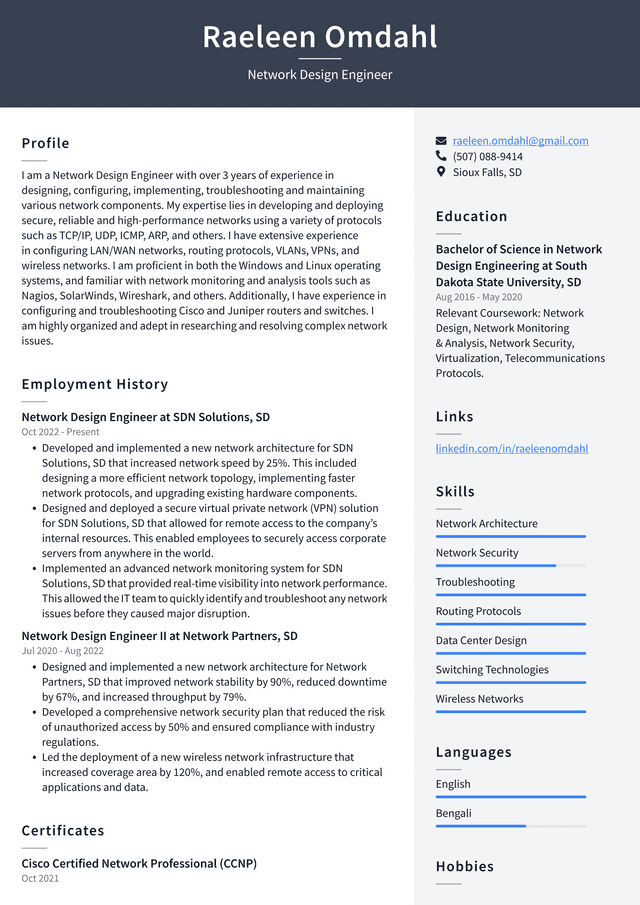 Microsoft Network Design Engineer Resume Example