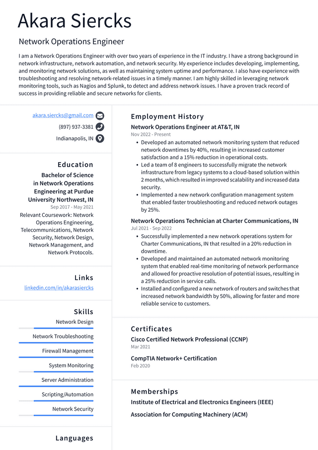 Microsoft Network Operations Engineer Resume Example