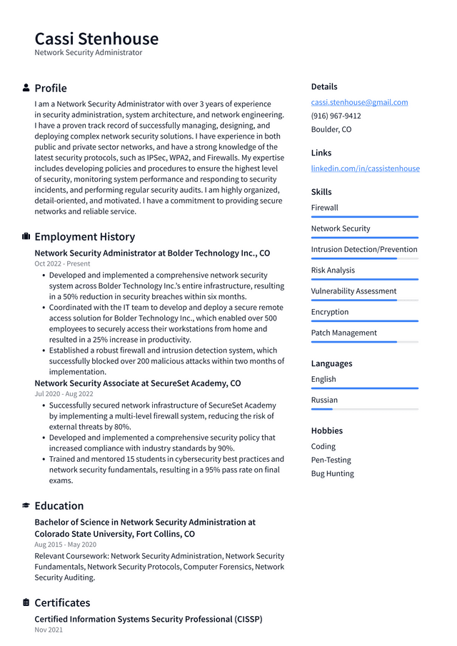 Microsoft Network Security Administrator Resume Example