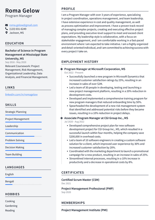 Microsoft Program Manager Resume Example