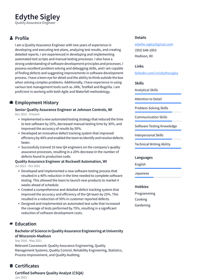 Microsoft Quality Assurance Engineer Resume Example