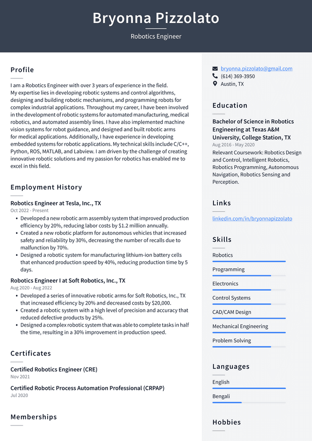 Microsoft Robotics Engineer Resume Example