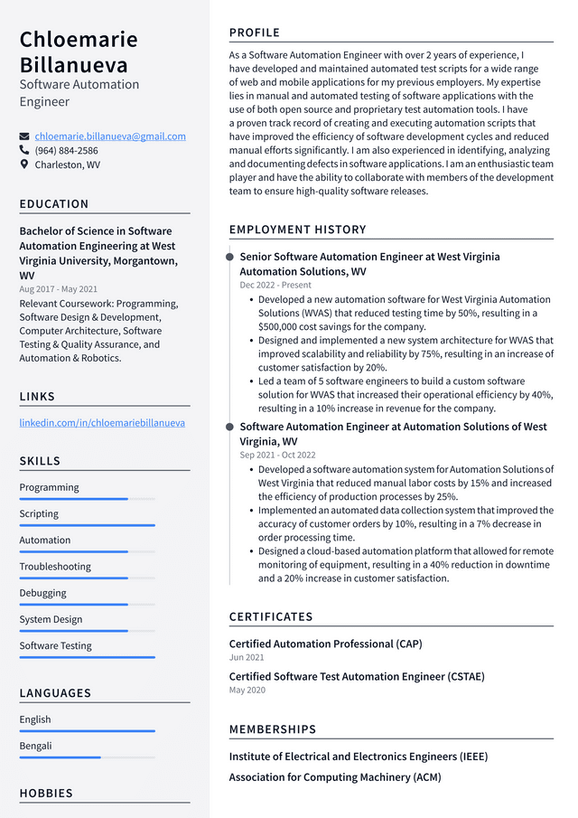 Microsoft Software Automation Engineer Resume Examples