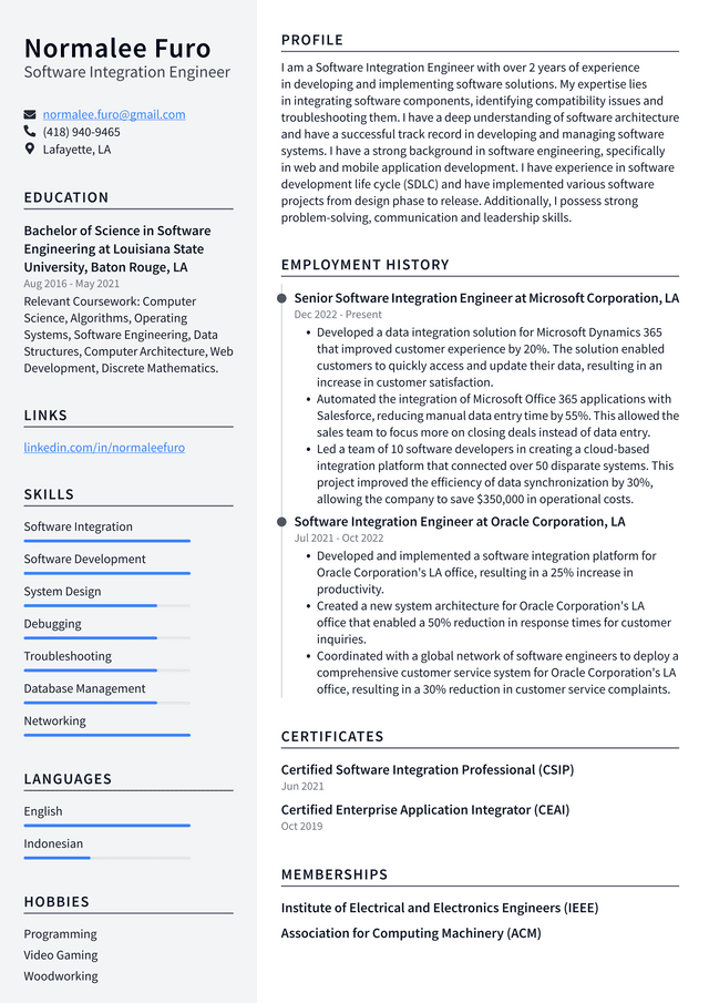 Microsoft Software Integration Engineer Resume Example
