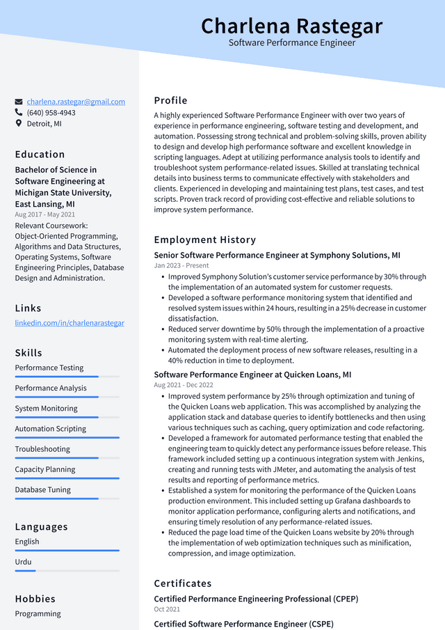 Microsoft Software Performance Engineer Resume Example