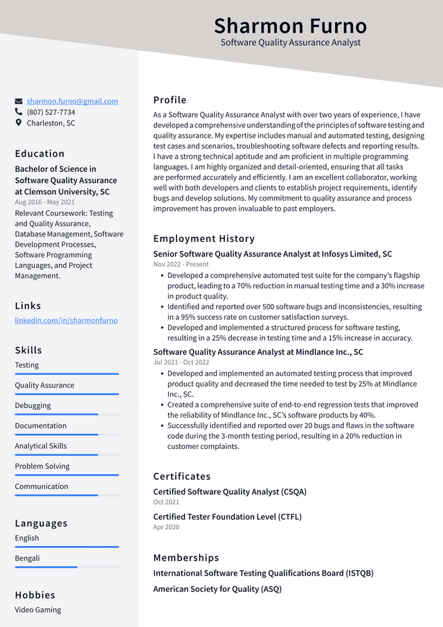 Microsoft Software Quality Assurance Analyst Resume Example