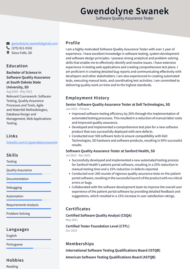 example of software quality assurance resume