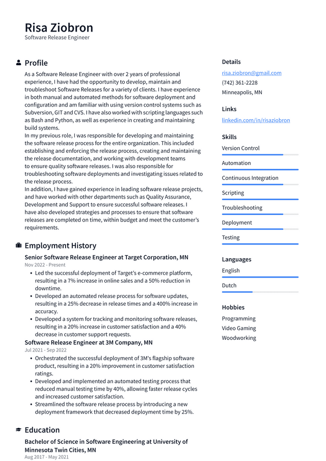 Microsoft Software Release Engineer Resume Example