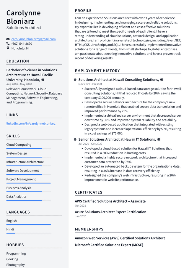 Microsoft Solutions Architect Resume Example