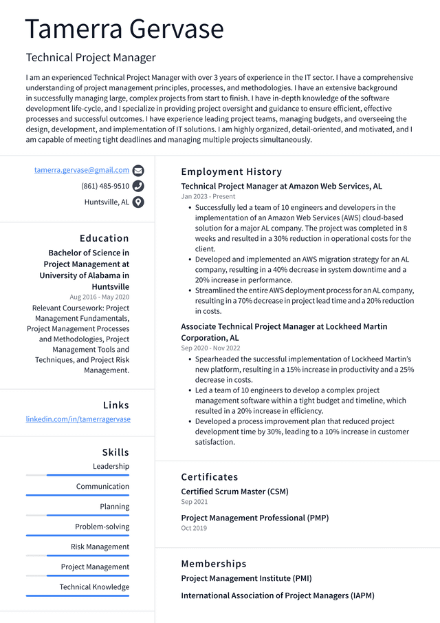 Microsoft Technical Project Manager Resume Example