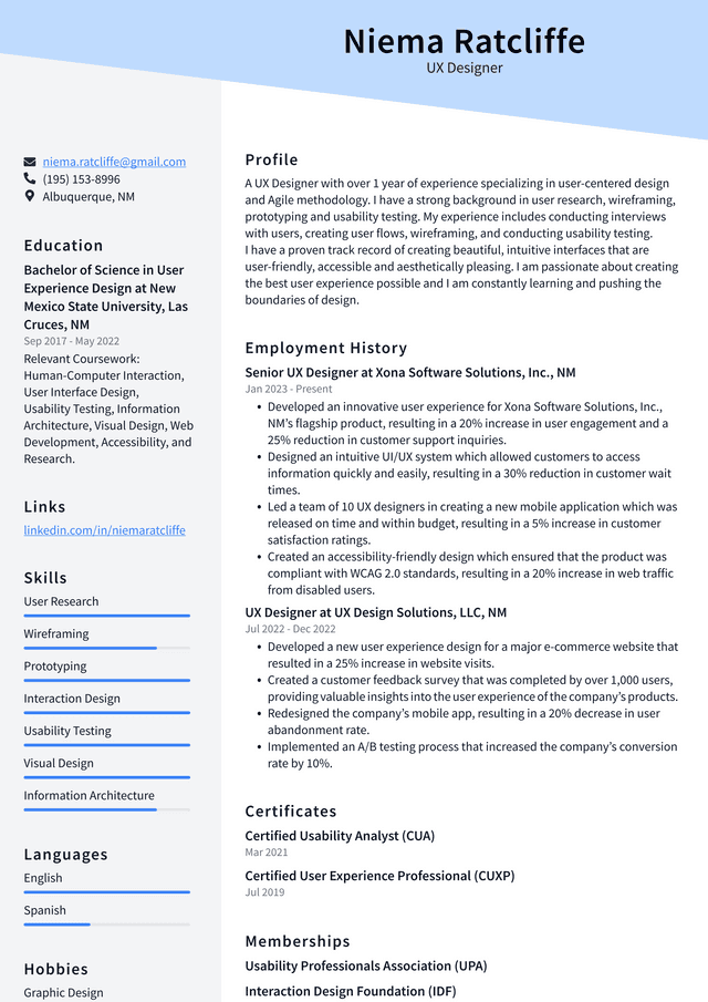 Microsoft UX Designer Resume Example