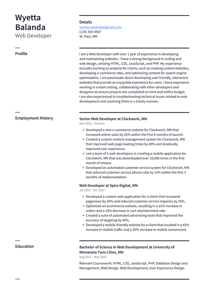 Microsoft Web Developer Resume Example