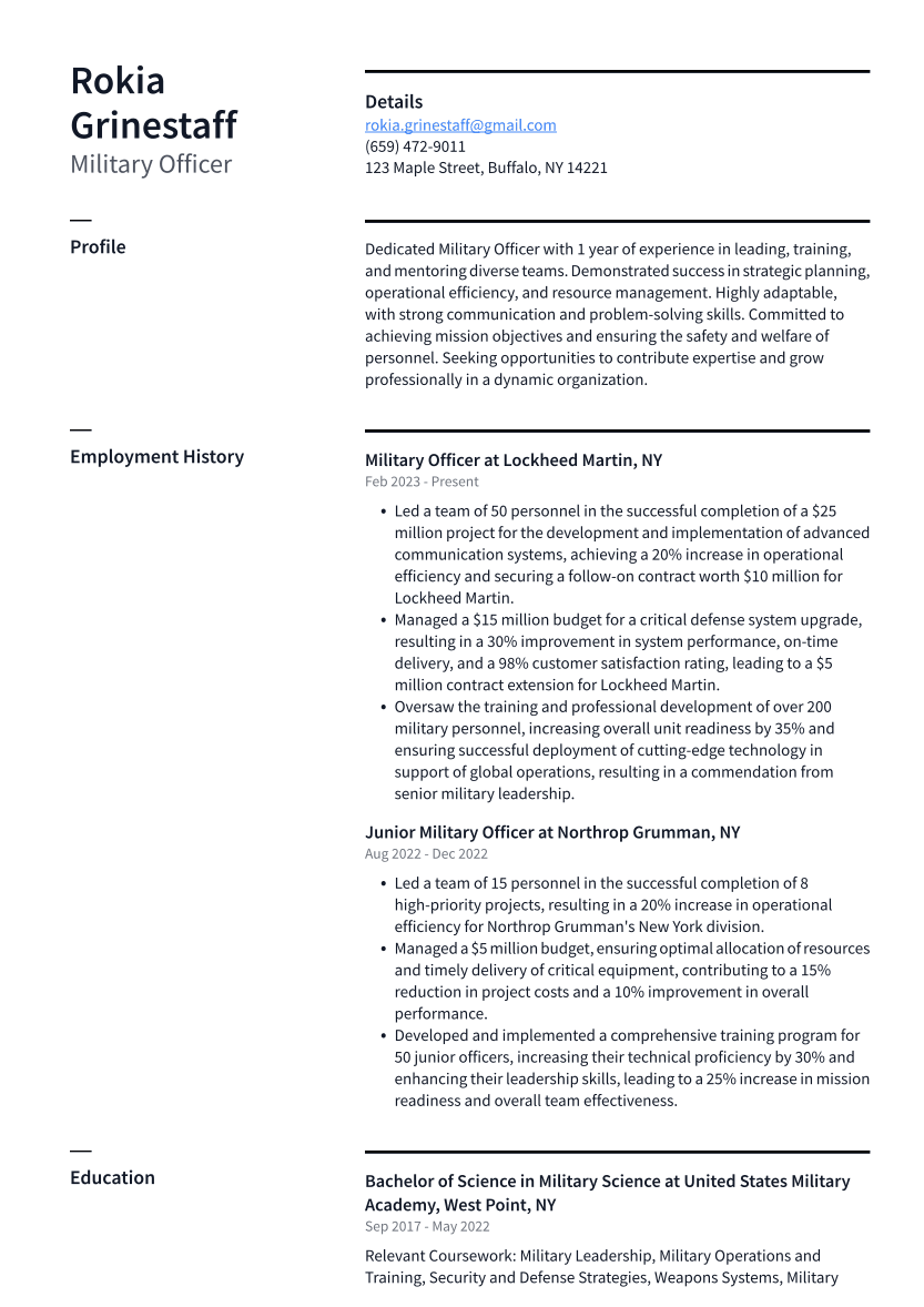 Military Officer Resume Example