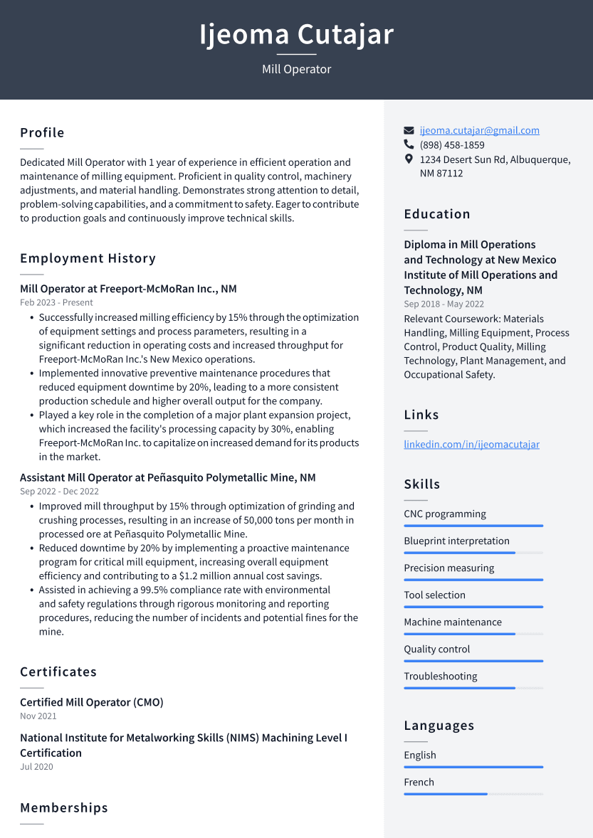 Mill Operator Resume Example
