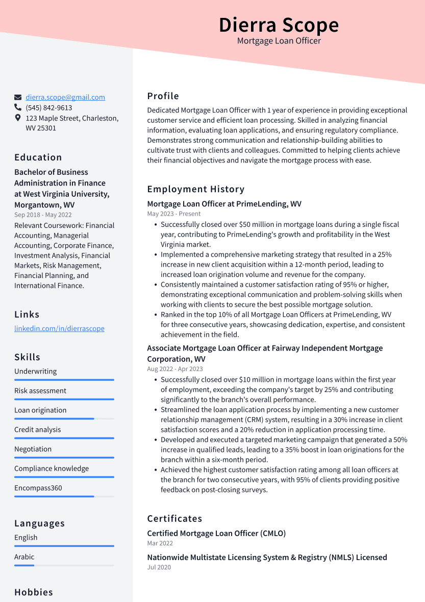 Mortgage Loan Officer Resume Example