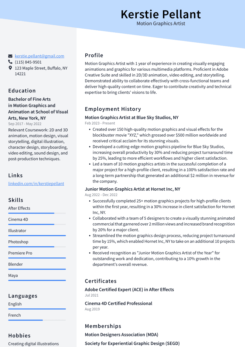 Motion Graphics Artist Resume Example