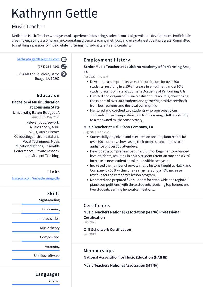 Music Teacher Resume Example