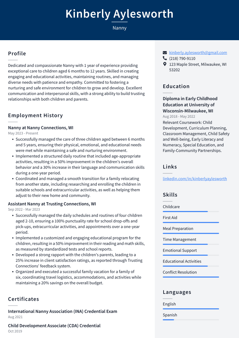 Nanny Resume Example