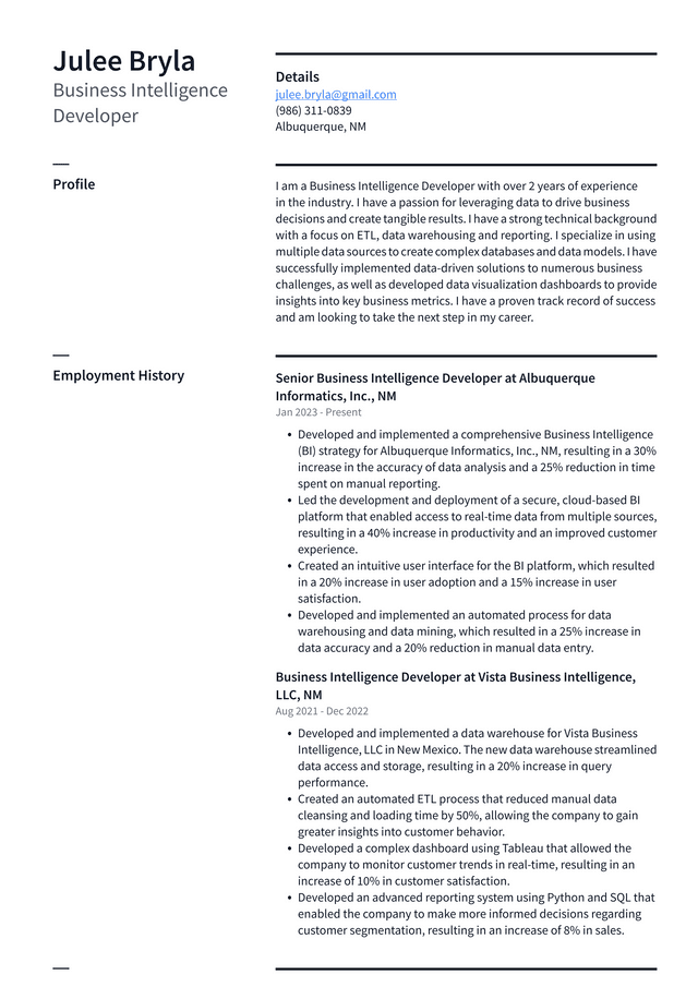 Netflix Business Intelligence Developer Resume Example