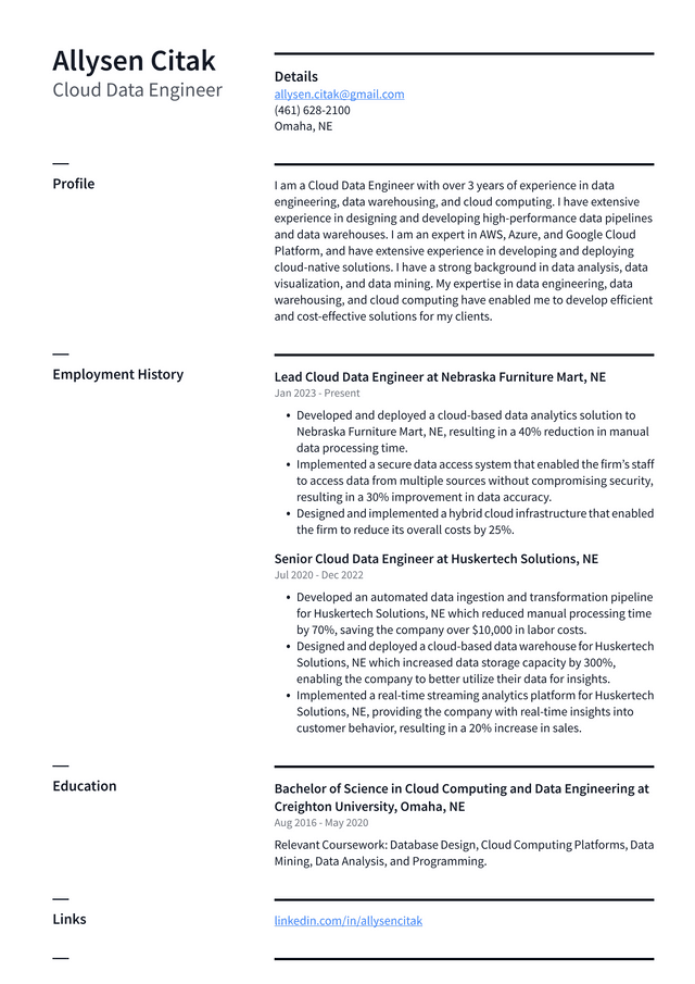 Netflix Cloud Data Engineer Resume Example