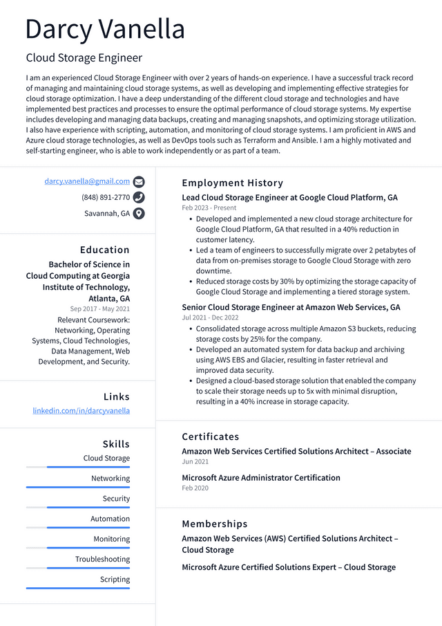 Netflix Cloud Storage Engineer Resume Example