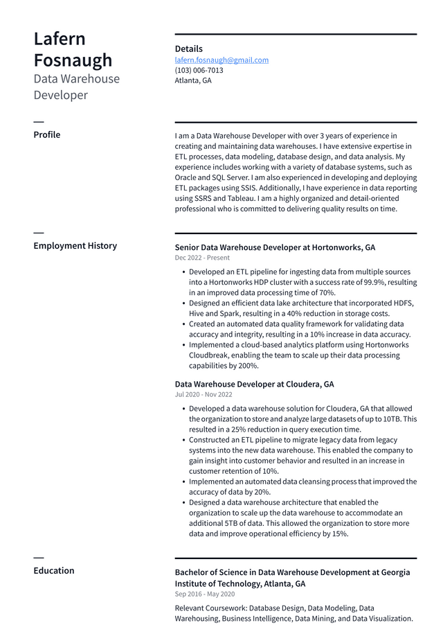 Netflix Data Warehouse Developer Resume Example