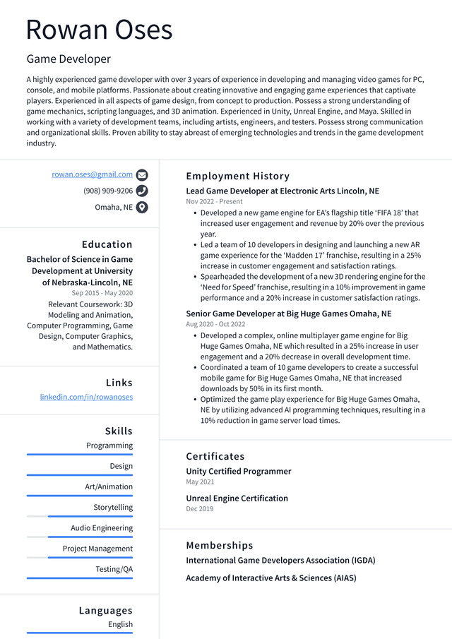 Netflix Game Developer Resume Example